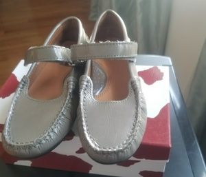 Grey patent loafer shoe